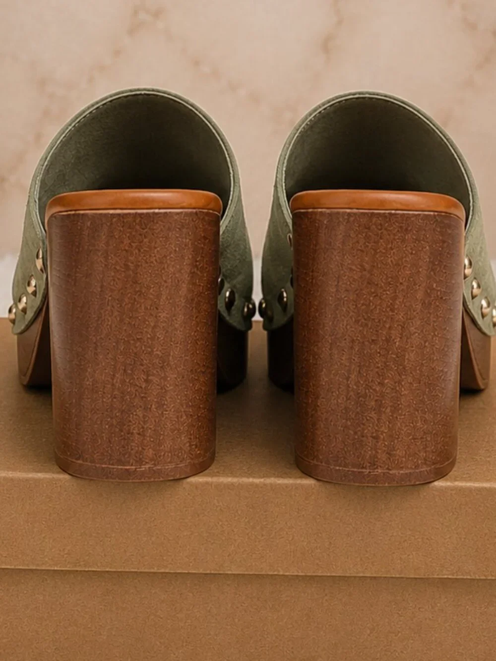Women's Sage Green Studded Platform Mule Heels - Picture 2 of 2